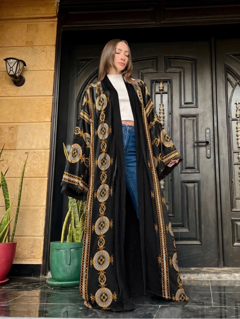 Elegant Black & Gold Kimono Cardigan – Long Boho Open Front Robe 👘.